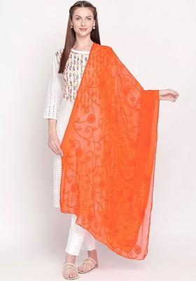 Orange Embroidered Chiffon Dupatta