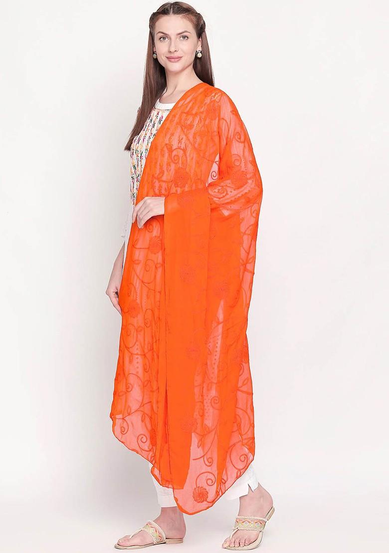 Orange Embroidered Chiffon Dupatta