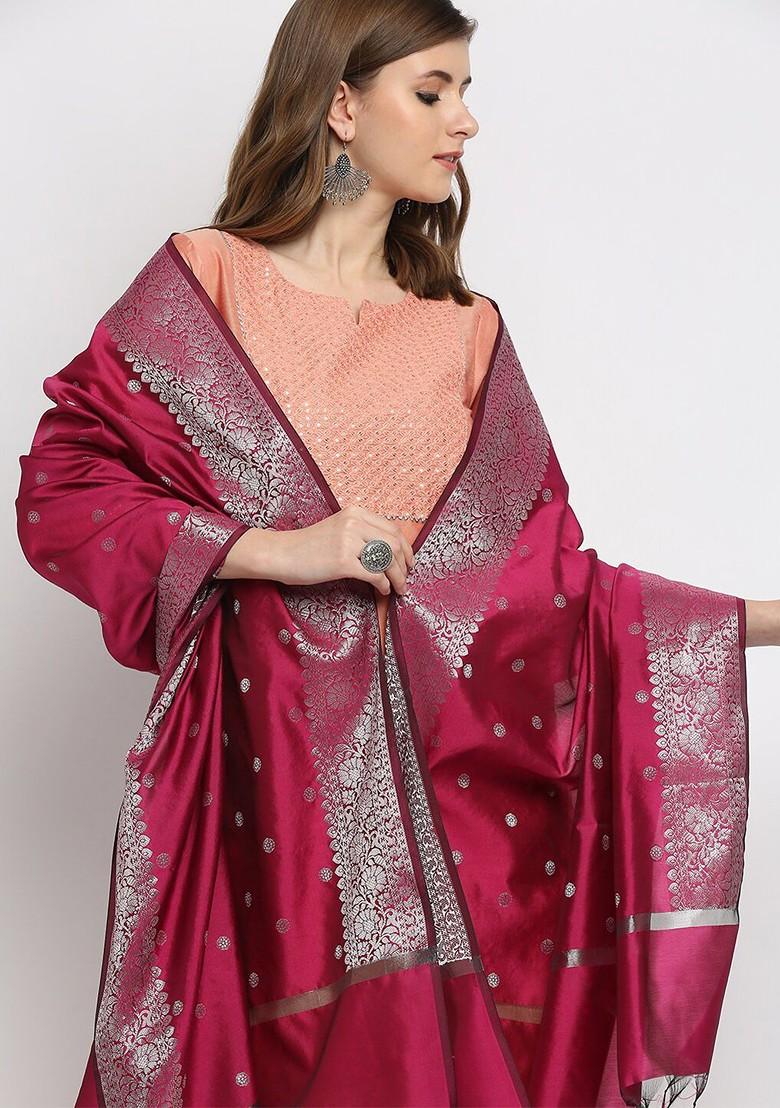 Women Wine Red Woven Design Dupatta