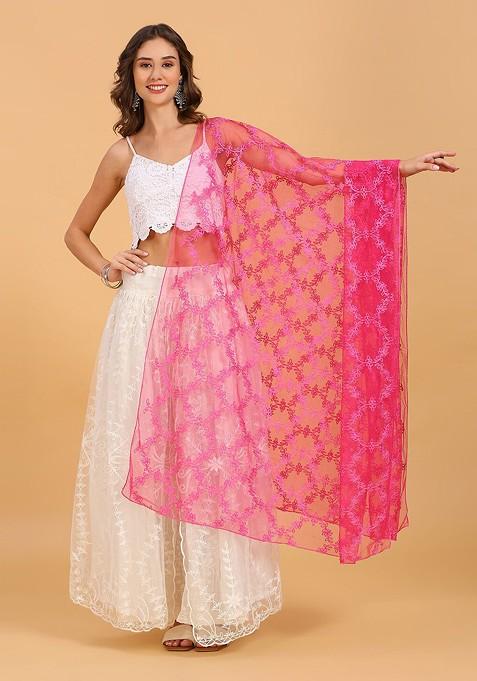 Floral Embroidered Net Dupatta