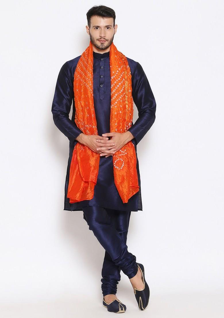 Men Orange And White Printed Bandhani Dupatta