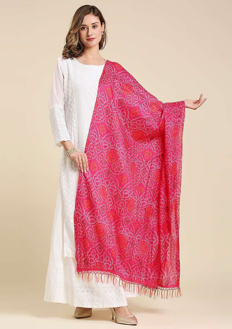 Bandhani Printed Dupatta With Tasselled Border - Indya