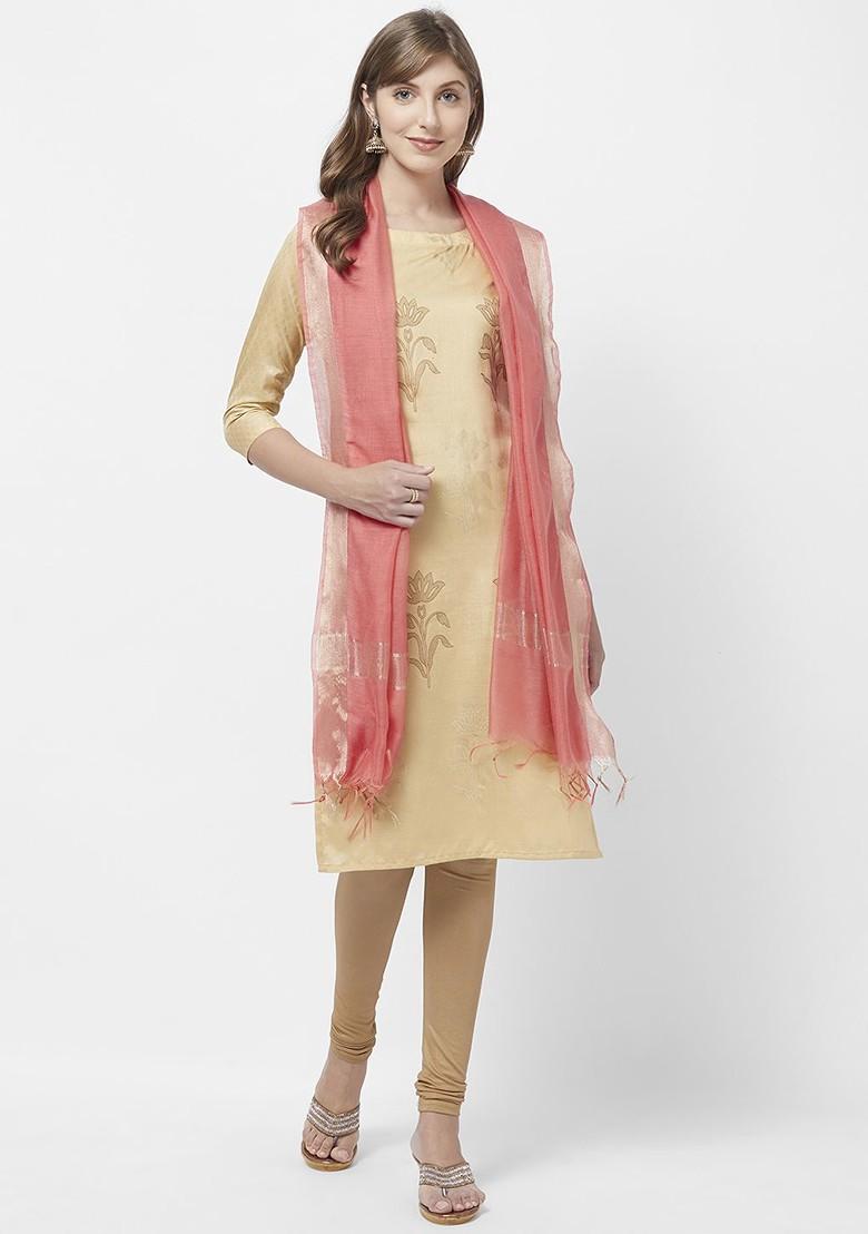 Peach Coloured And Gold Toned Solid Dupatta