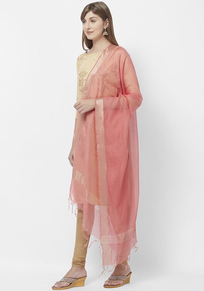 Peach Coloured And Gold Toned Solid Dupatta
