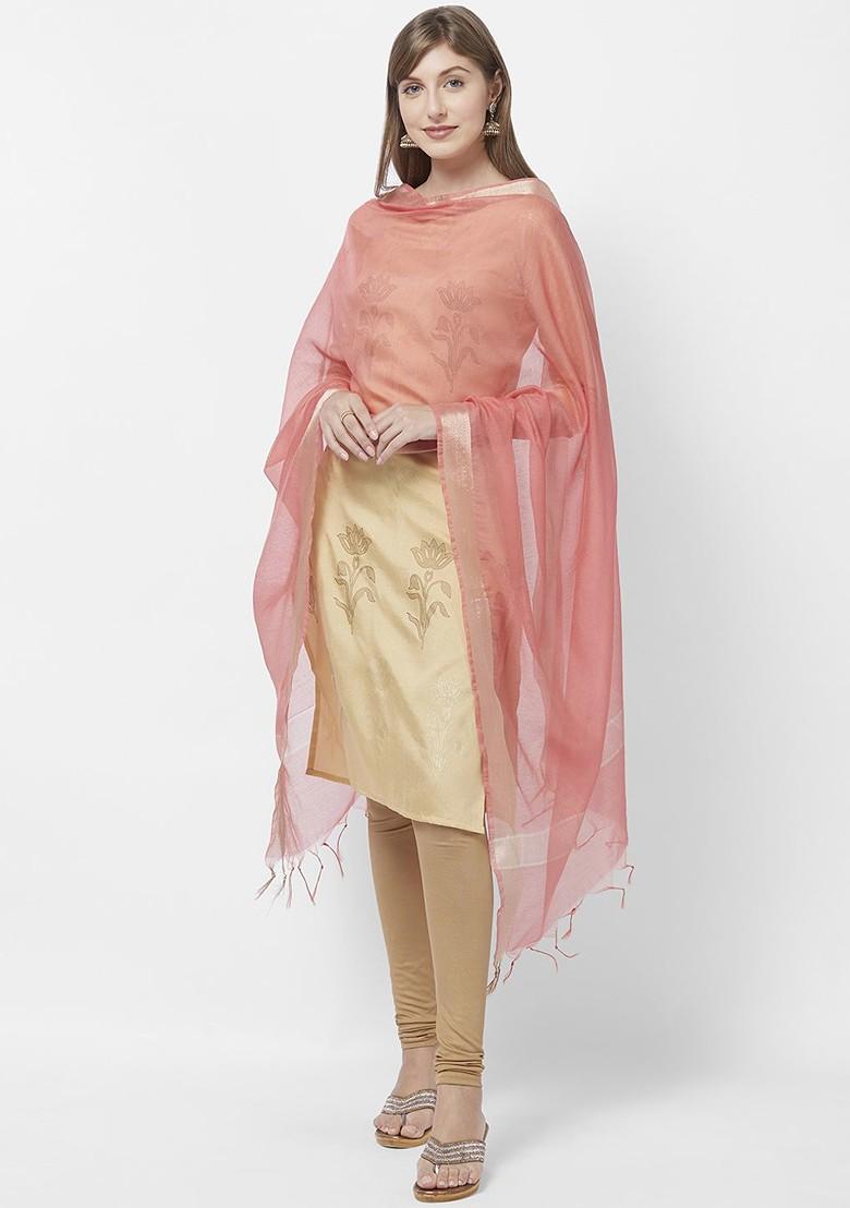 Peach Coloured And Gold Toned Solid Dupatta
