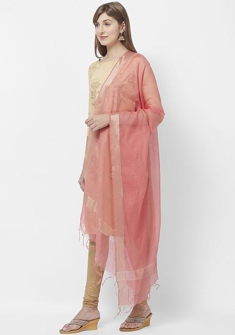 Peach Coloured And Gold Toned Solid Dupatta