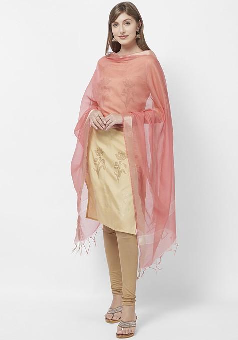 Peach Coloured And Gold Toned Solid Dupatta