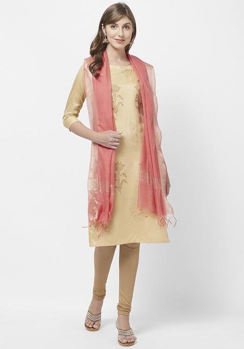 Peach Coloured And Gold Toned Solid Dupatta