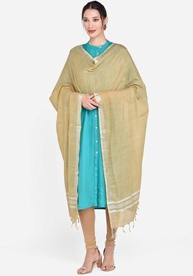 Beige And Silver Toned Solid Linen Dupatta