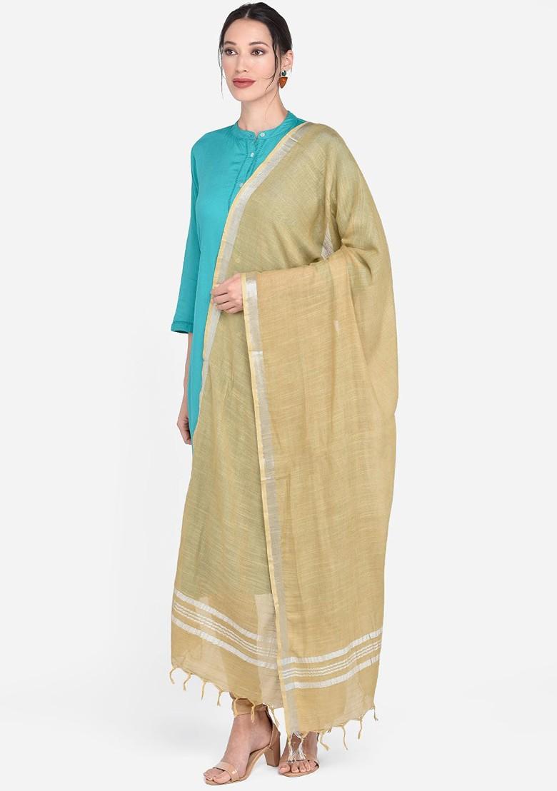 Beige And Silver Toned Solid Linen Dupatta