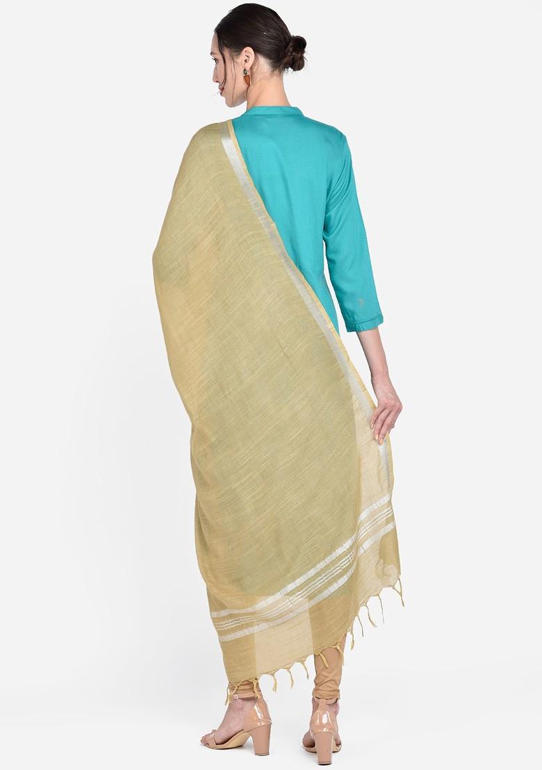 Beige And Silver Toned Solid Linen Dupatta