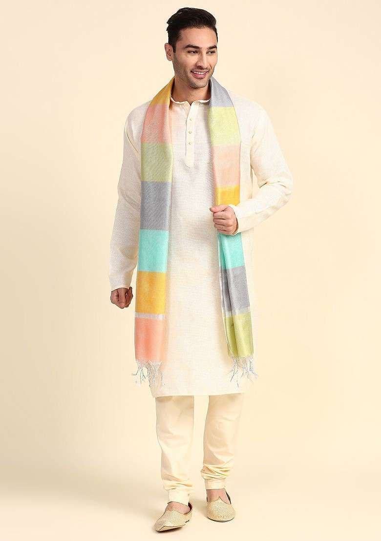 Men Blue And Yellow Woven Design Dupatta - Indya
