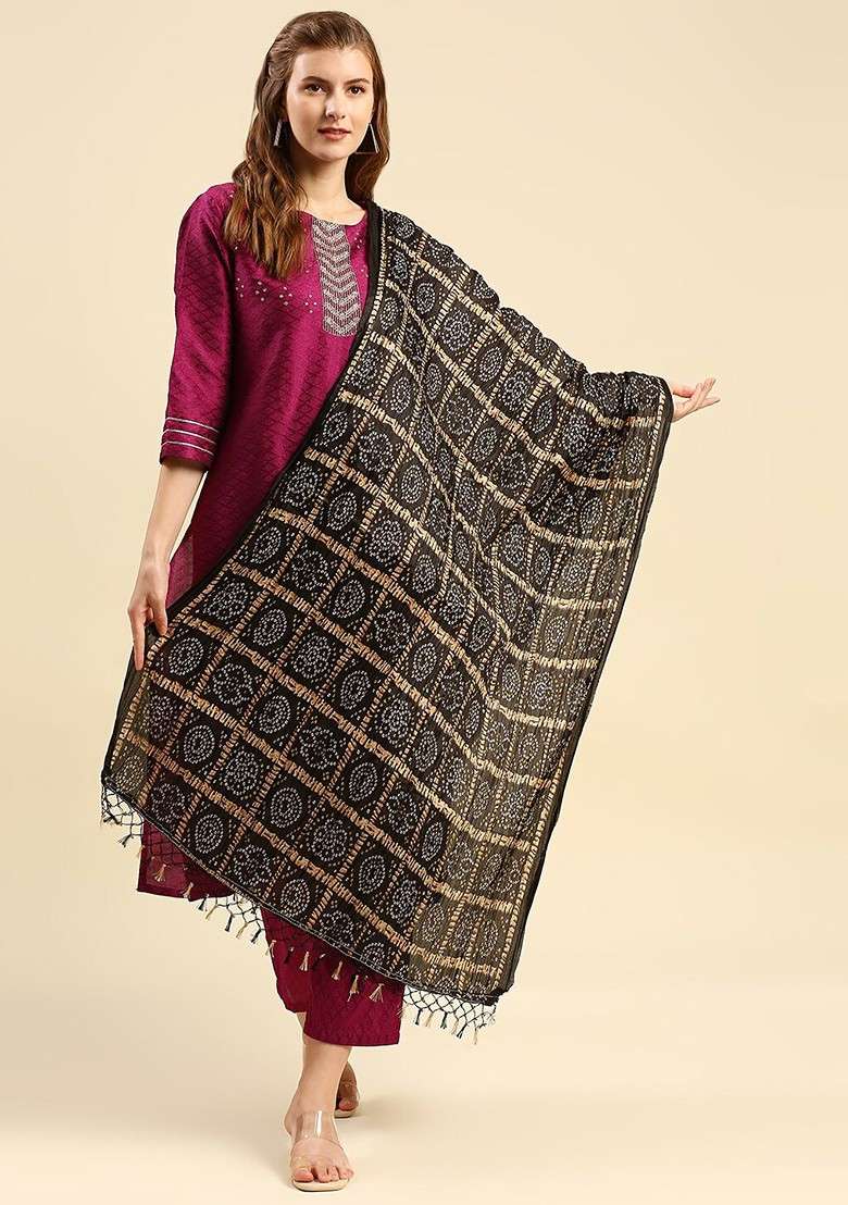 Black And Gold Toned Printed Dupatta - Indya