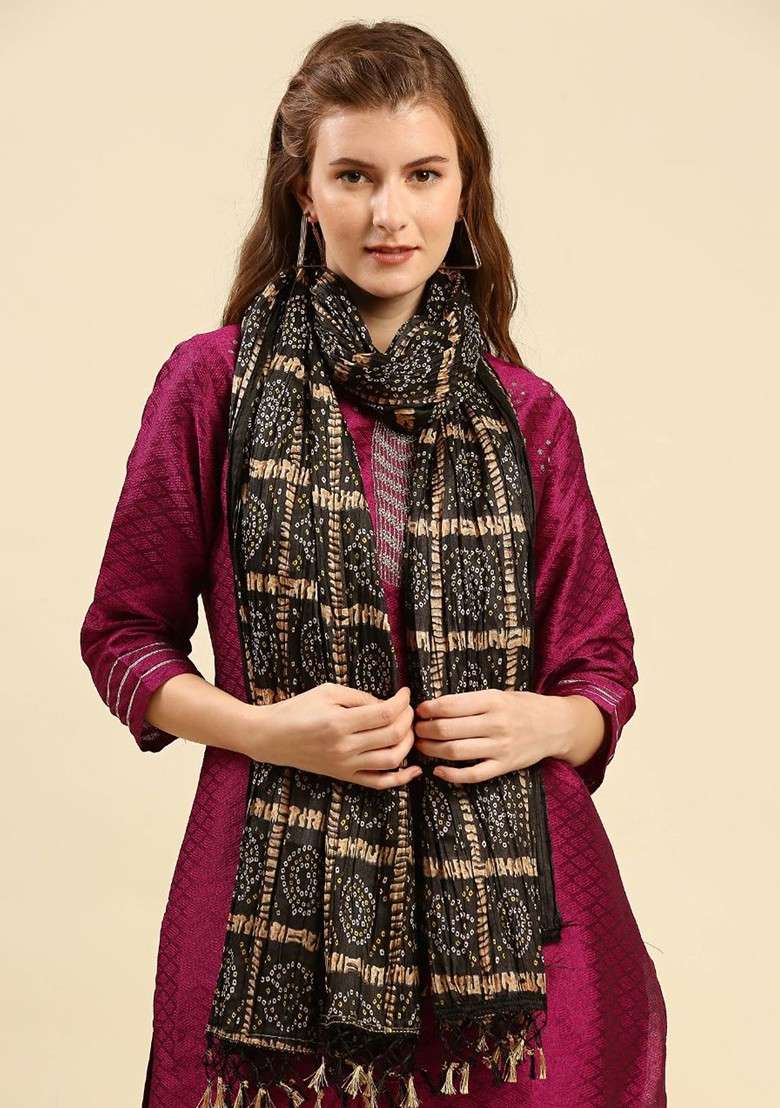 Black And Gold Toned Printed Dupatta - Indya