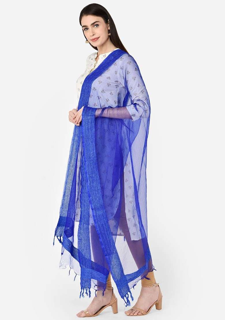 Blue Solid Organza Dupatta - Indya