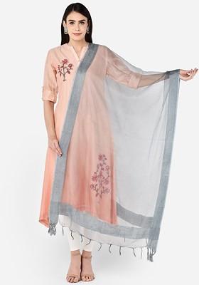 Grey Solid Organza Jute Border Dupatta