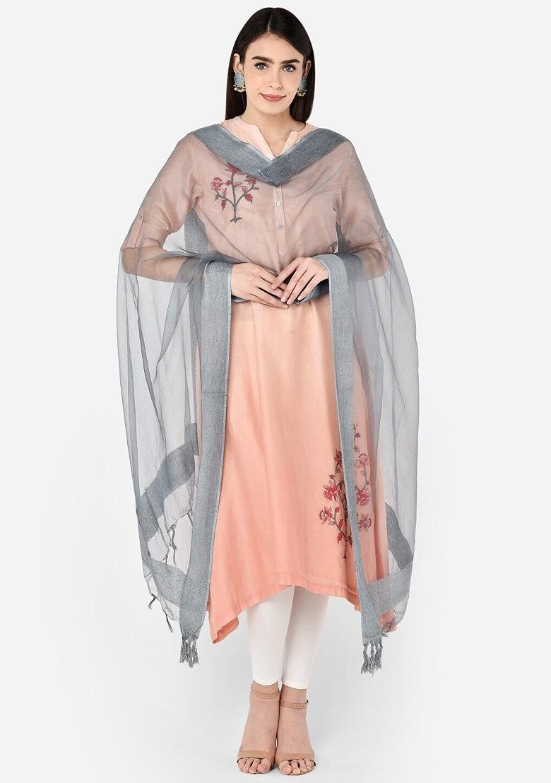 Grey Solid Organza Jute Border Dupatta