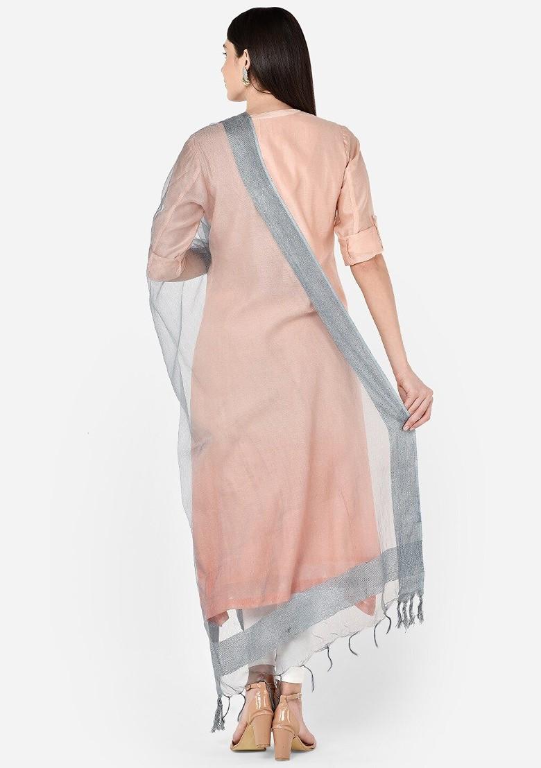Grey Solid Organza Jute Border Dupatta