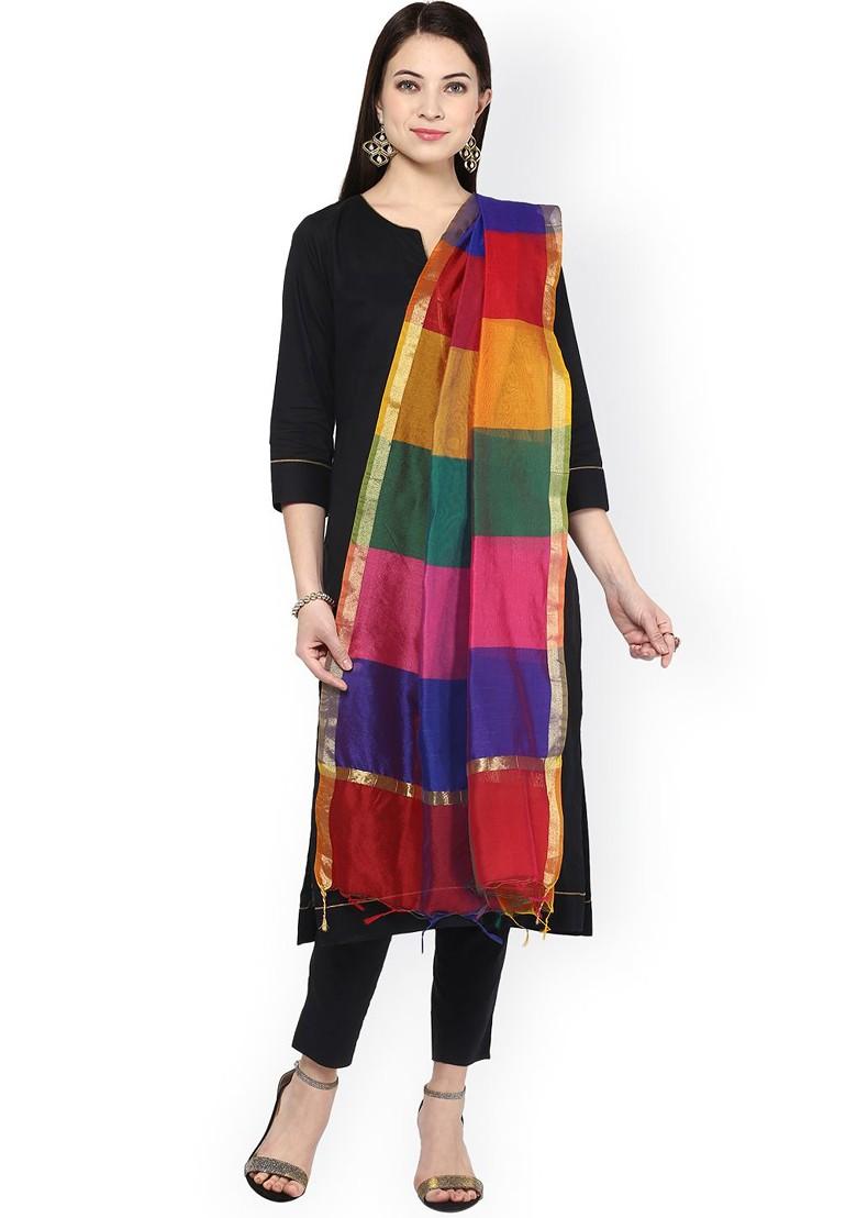 Multicoloured Striped Silk Dupatta