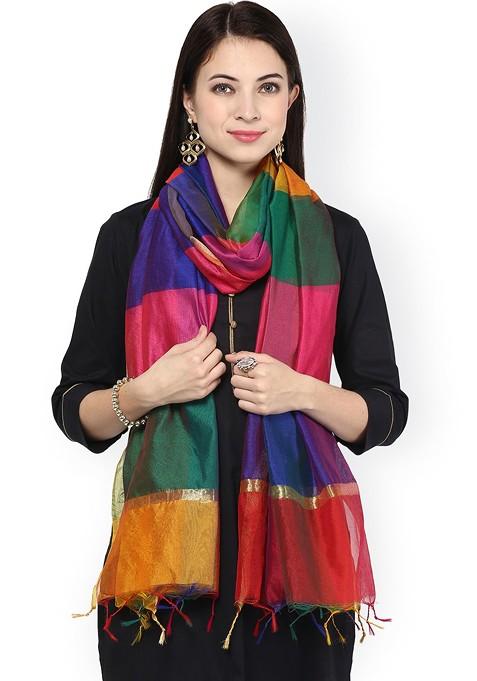 Multicoloured Striped Silk Dupatta