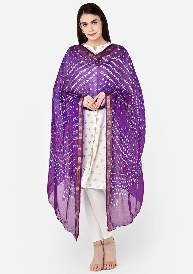 Purple And White Printed Bandhini Silk Blend Dupatta