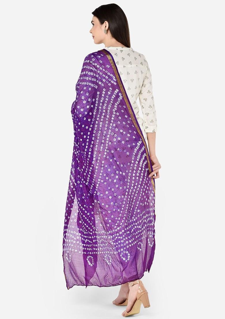 Purple And White Printed Bandhini Silk Blend Dupatta