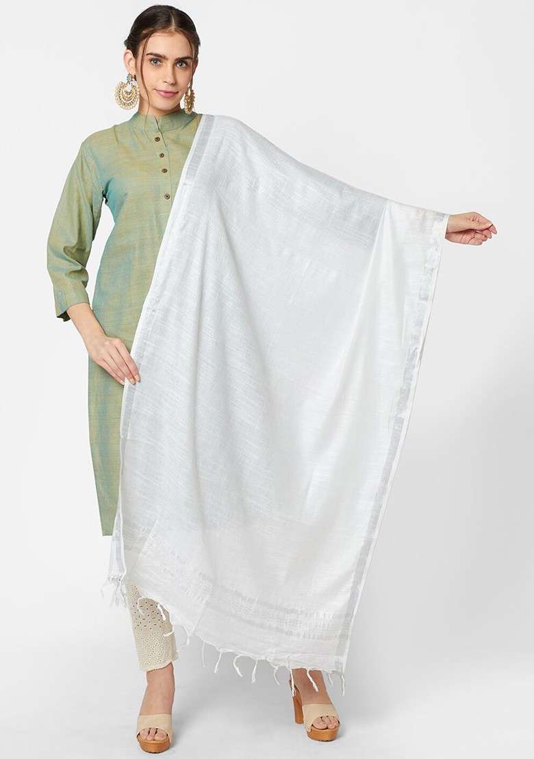 Women White Solid Linen Dupatta - Indya