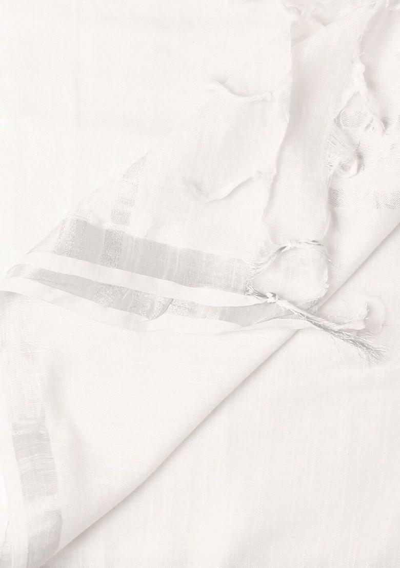 Women White Solid Linen Dupatta