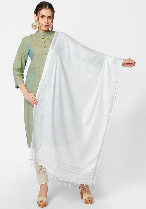 Women White Solid Linen Dupatta