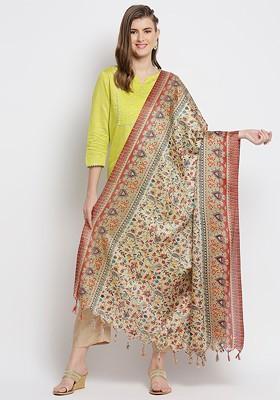 Beige And Red Floral Printed Art Silk Dupatta