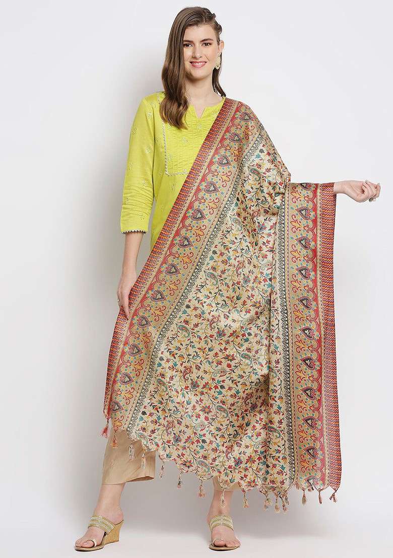 Beige And Red Floral Printed Art Silk Dupatta - Indya