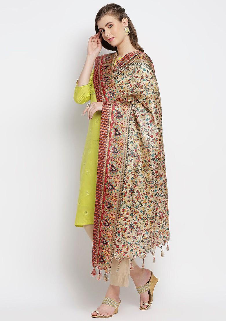 Beige And Red Floral Printed Art Silk Dupatta
