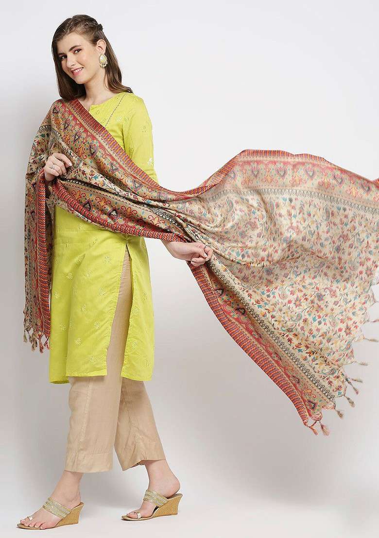 Beige And Red Floral Printed Art Silk Dupatta - Indya