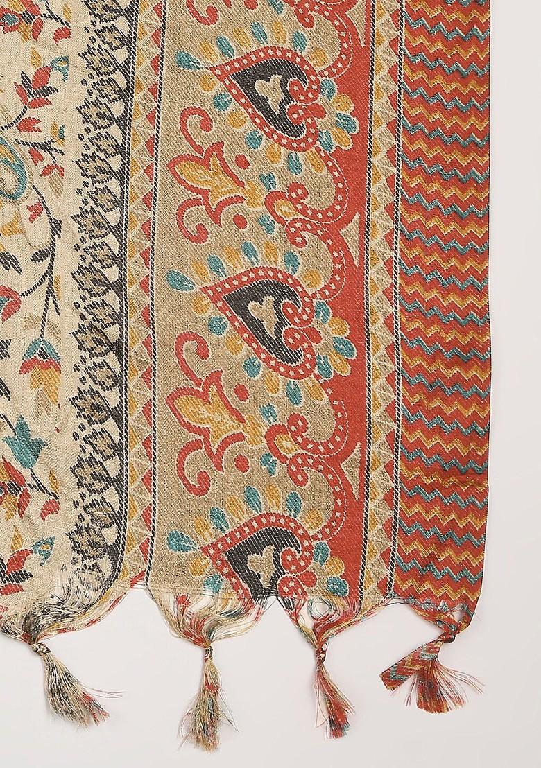 Beige And Red Floral Printed Art Silk Dupatta