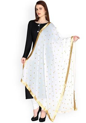 White And Gold Toned Embroidered And Embellished Chiffon Dupatta