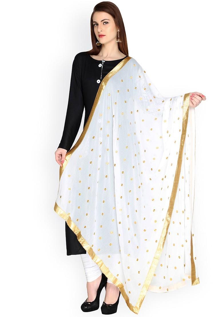 White And Gold Toned Embroidered And Embellished Chiffon Dupatta