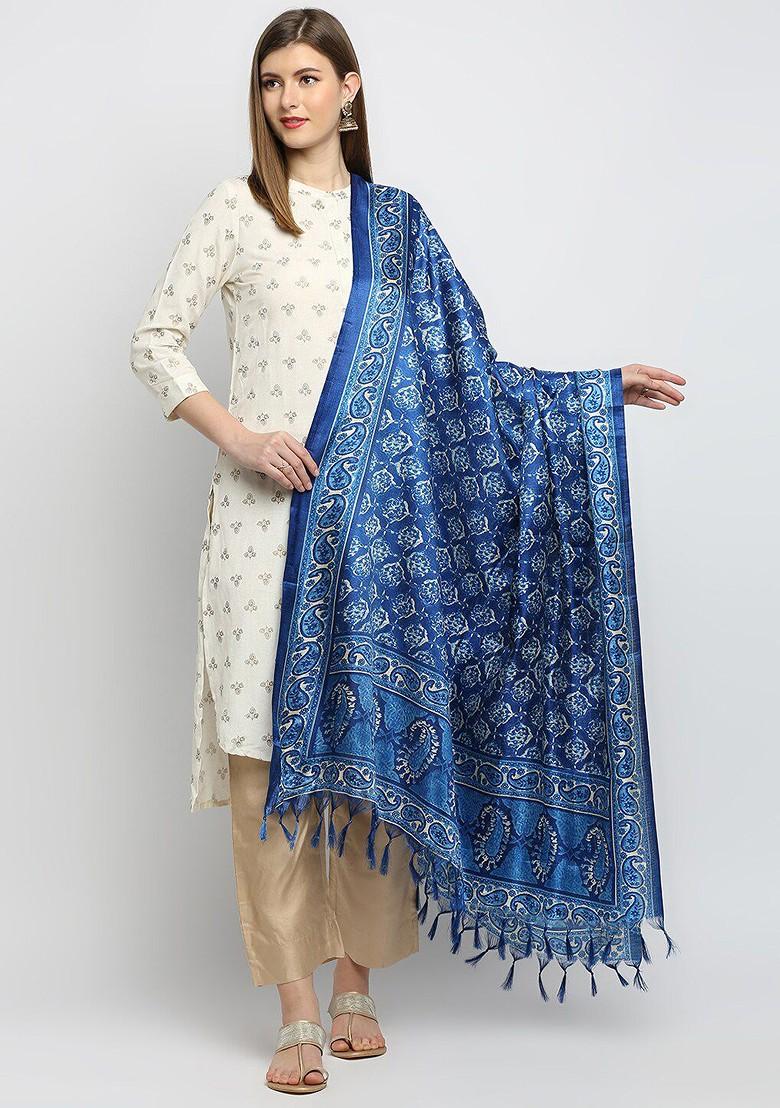 Women Blue Printed Dupatta With Fringes