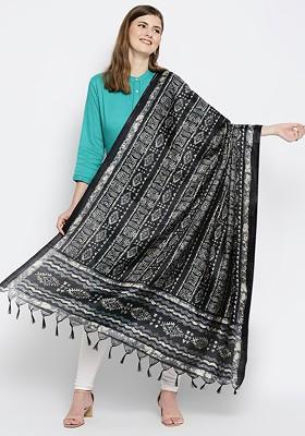 Black And White Ethnic Motifs Printed Dupatta