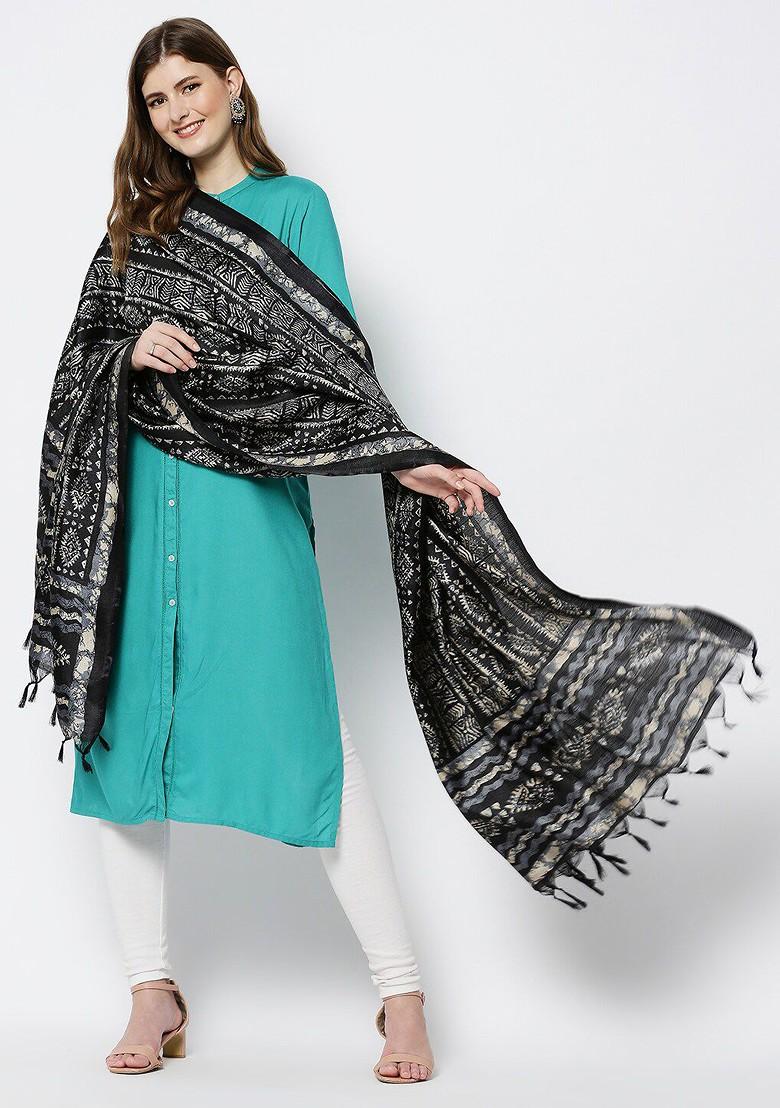 Black And White Ethnic Motifs Printed Dupatta