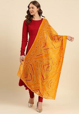 Yellow And Red Printed Bandhani Dupatta