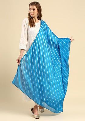 Turquoise Blue And White Printed Leheriya Dupatta