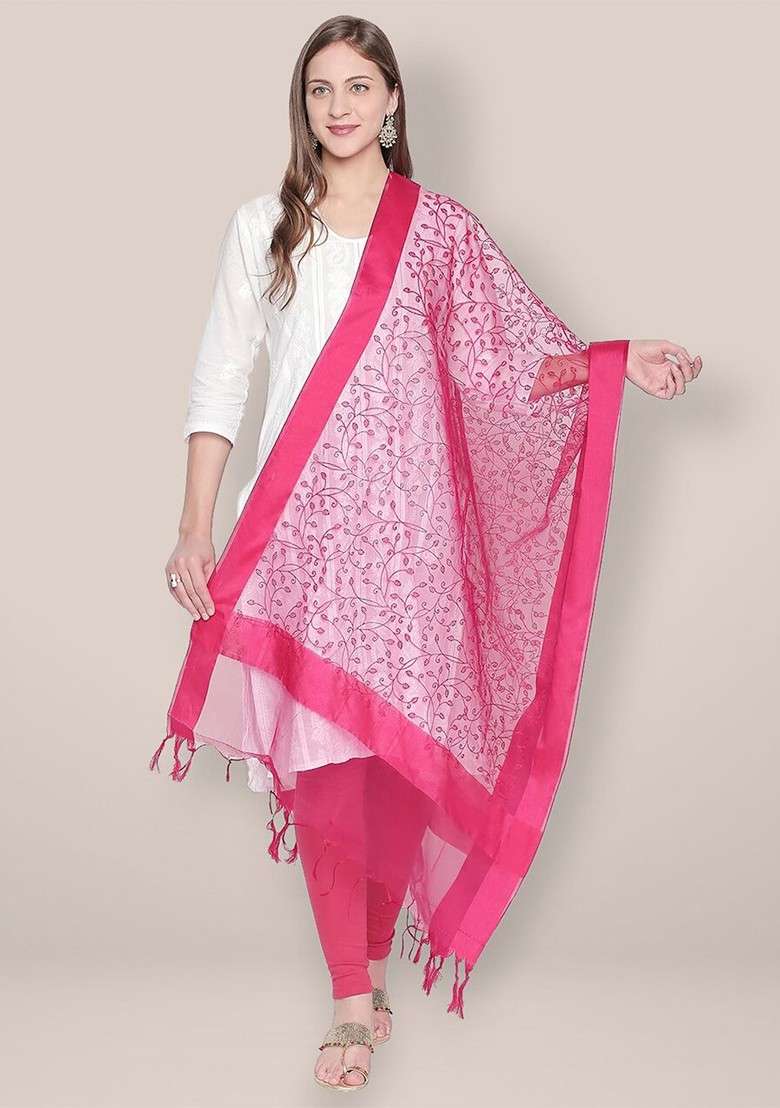Embroidered Organza Dupatta With Thread Work - Indya