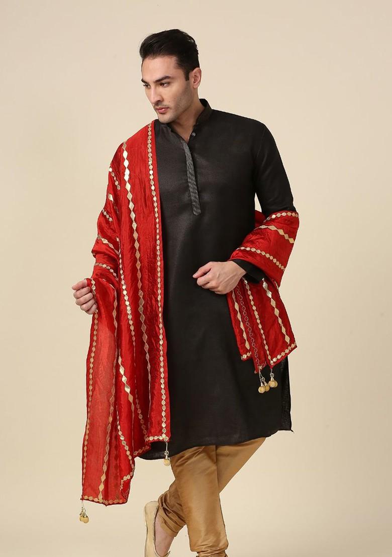 Men Red And Gold Toned Embroidered Dupatta