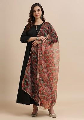 Floral Printed Organza Dupatta With Thread Work