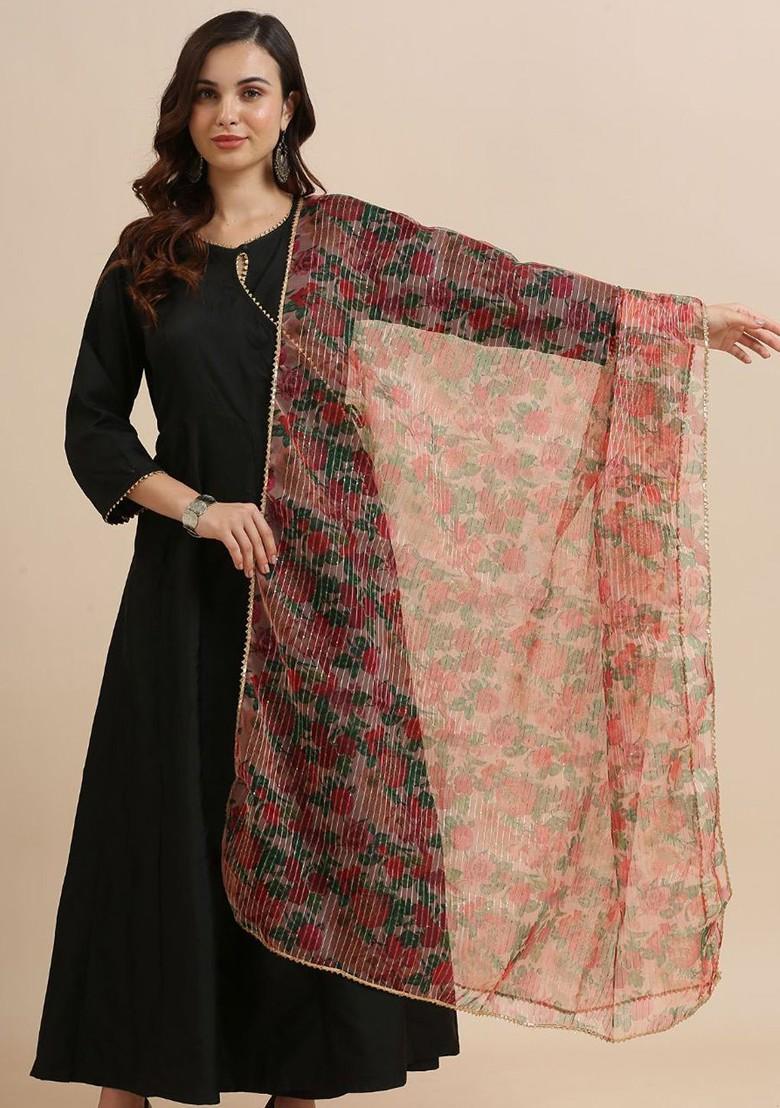 Floral Printed Organza Dupatta With Thread Work