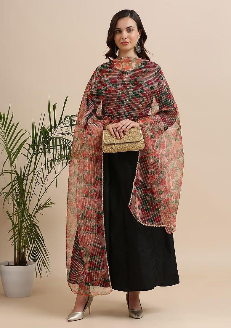 Floral Printed Organza Dupatta With Thread Work