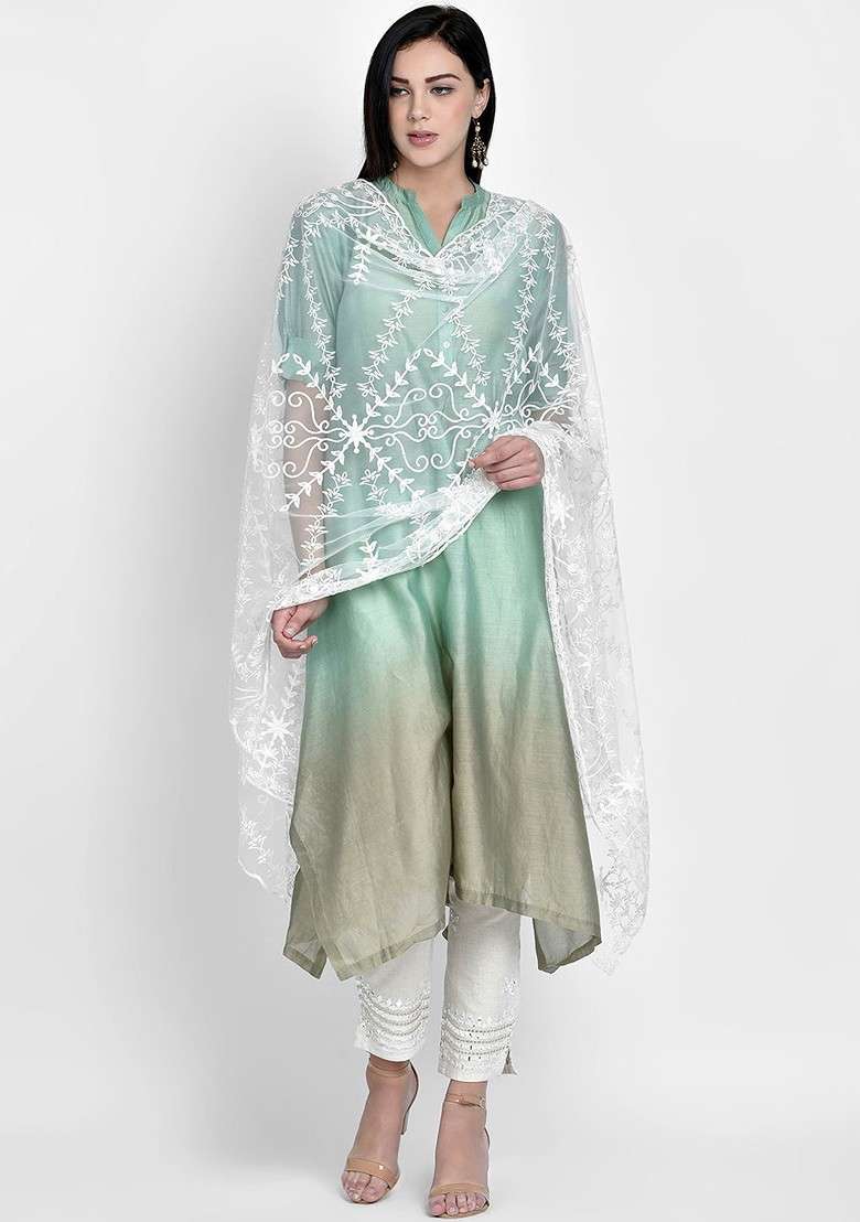 White Embroidered Dupatta - Indya