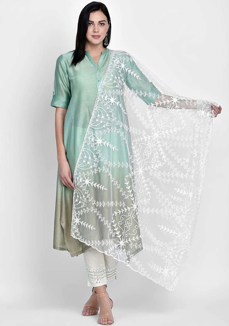 White Embroidered Dupatta - Indya