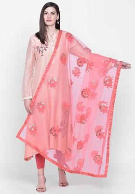Coral Red Embroidered Sequinned Dupatta