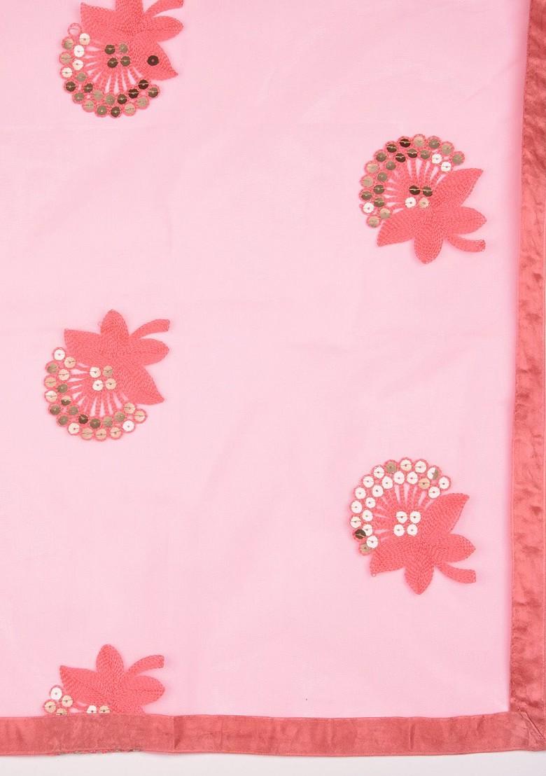 Coral Red Embroidered Sequinned Dupatta